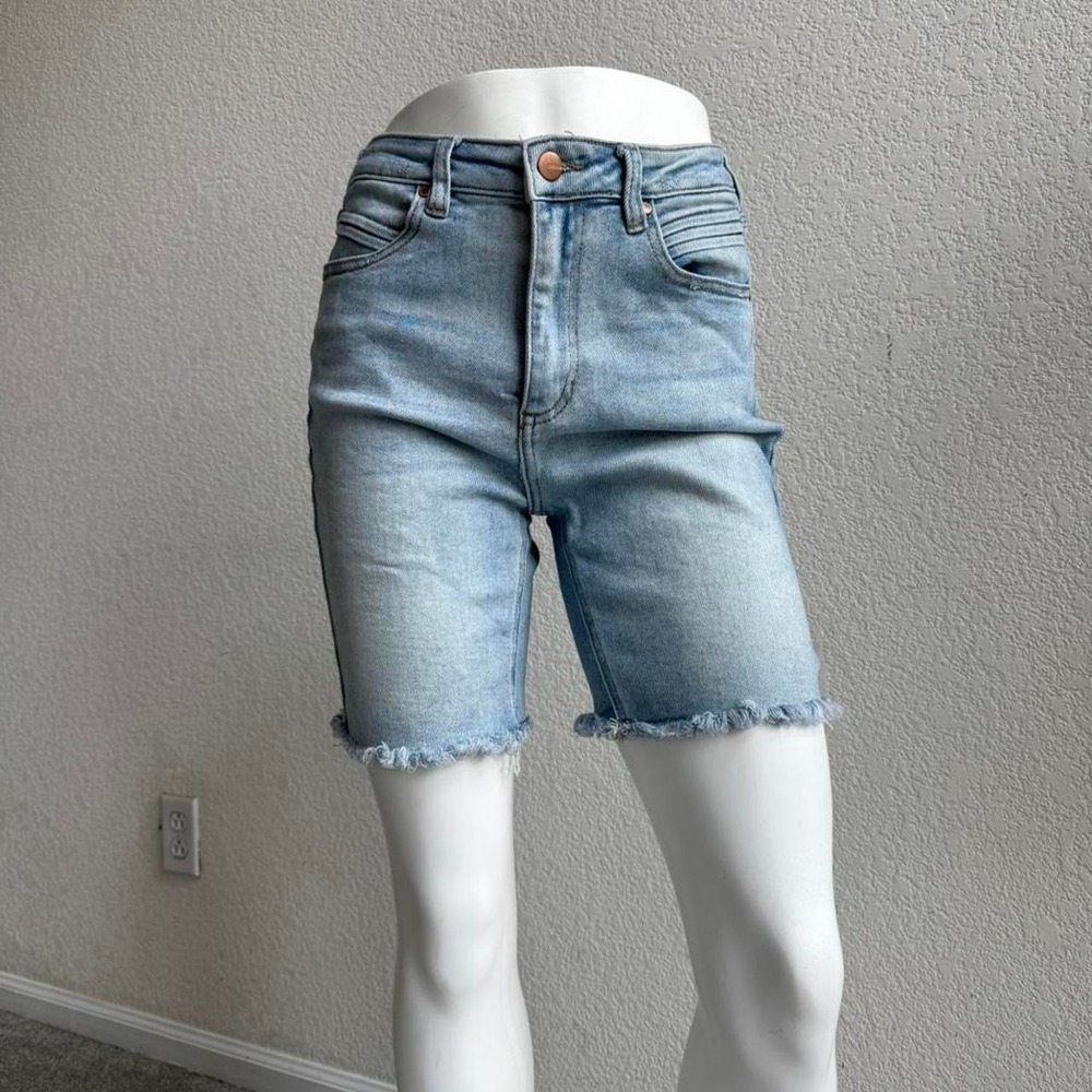 Bohme Light wash denim biker shorts with frayed hem
